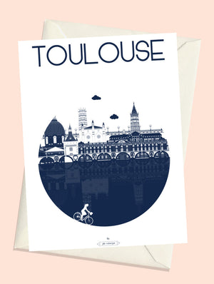 Carte postale Toulouse – La Ville, version bleu marine avec son enveloppe: silhouette élégante des lieux emblématiques de Toulouse.