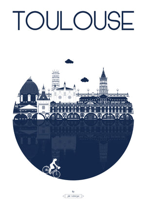 Carte postale Toulouse – La Ville, version bleu marine : silhouette élégante des lieux emblématiques de Toulouse.