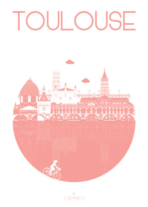 Carte postale Toulouse – La Ville, version rose poudré : illustration poétique et urbaine des monuments toulousains.