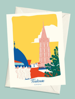 Carte postale Toulouse, Saint Sernin – illustration avec enveloppe assortie, ambiance ville et architecture dans les tons vifs.