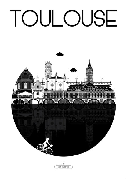 Carte postale Toulouse – La Ville, version noire : monuments iconiques de la Ville Rose en illustration graphique stylisée.