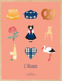 Affiche encadrée L’Alsace – Les Iconiques. Composition graphique colorée représentant la culture et les traditions alsaciennes.