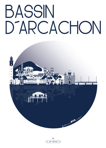 Affiche Bassin d’Arcachon – La Ville en couleur marine, illustration architecturale originale.
