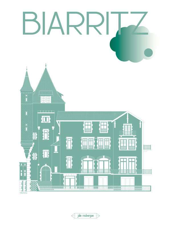 Affiche illustrée Biarritz – Villa Belza, version verte, sur fond blanc, format 30x40 cm. Illustration architecturale signée Julie Roubergue.
