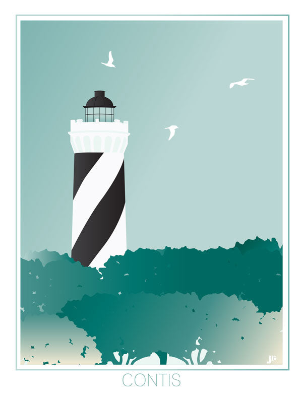 Illustration du phare de Contis, rayé noir et blanc, entouré de pins sous un ciel bleu pâle.
