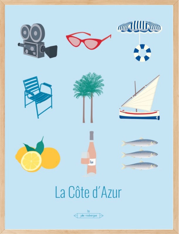 La Côte d'Azur – Les Iconiques : affiche encadrée au style méditerranéen et rétro.