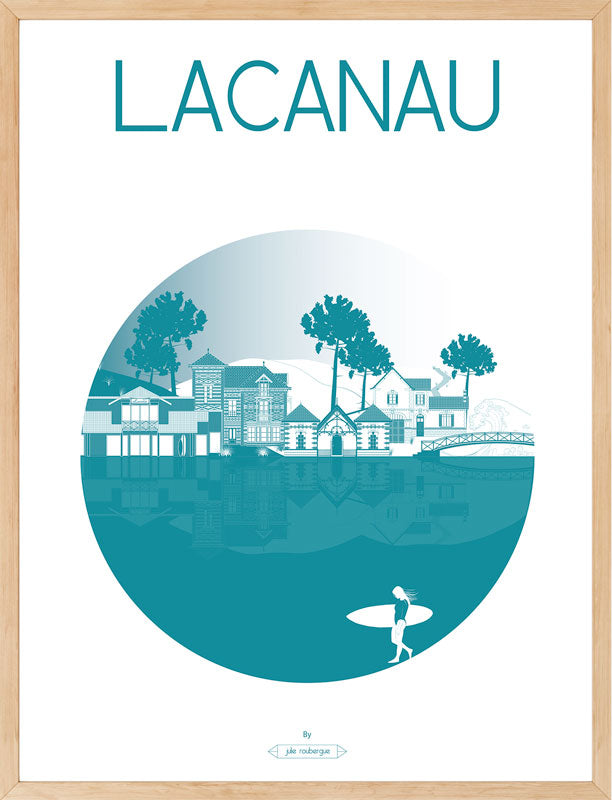 Affiche Lacanau La Ville encadrée – version bleu canard, parfaite pour une décoration murale élégante et contemporaine inspirée de la côte Atlantique.
