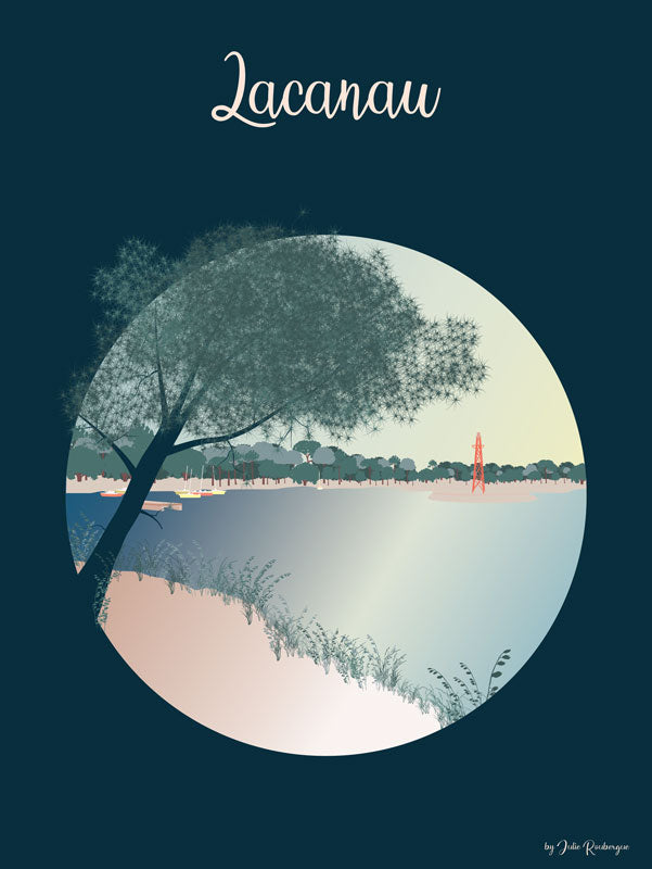 Affiche illustrée du lac de Lacanau, lumière pastel et ambiance paisible, illustration signée Julie Roubergue.