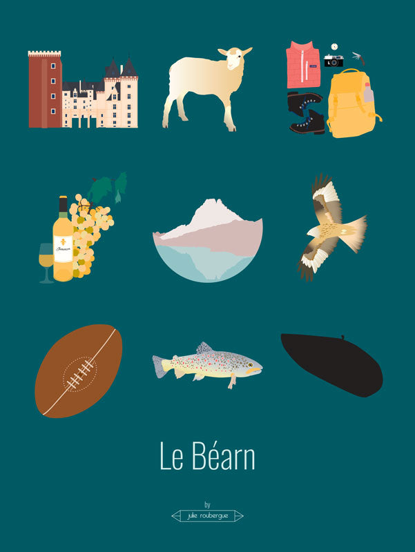 Affiche Le Béarn – Les Iconiques, format 30x40 cm, fond vert profond et illustrations graphiques.