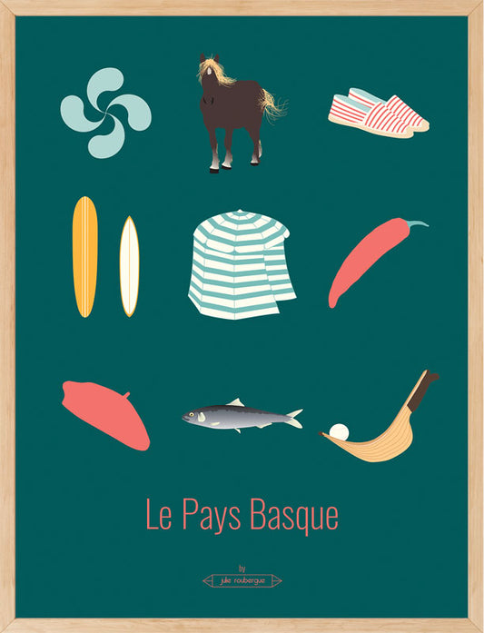Affiche Le Pays Basque – Les Iconiques encadrée, décoration murale dans un intérieur chaleureux.