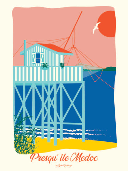 Affiche Presqu’île du Médoc – Le Carrelet, version multicolore : cabane rayée sur pilotis au coucher du soleil, teintes vives.