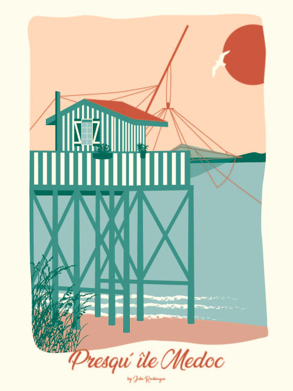 Affiche Presqu’île du Médoc – Le Carrelet, version pastel : illustration d’une cabane rayée sur pilotis, ambiance douce et apaisée.