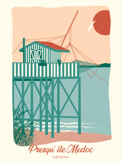 Affiche Presqu’île du Médoc – Le Carrelet, version pastel : illustration d’une cabane rayée sur pilotis, ambiance douce et apaisée.