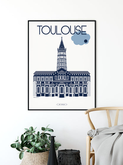 Affiche illustrée de la Basilique Saint-Sernin à Toulouse, vue frontale en bleu marine sur fond blanc, encadrée dans un interieur cosy.