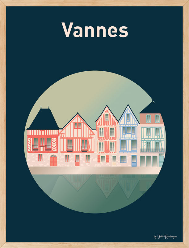Affiche Vannes – Les Maisons encadrée, mise en valeur sur un mur blanc.