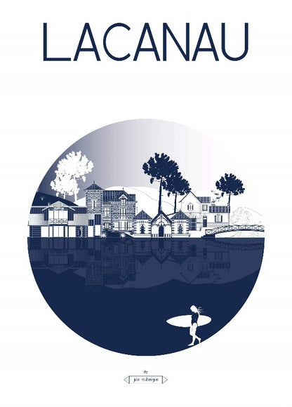 Carte postale Lacanau – La Ville version marine, illustration graphique des villas, des pins et du paysage entre lac et océan.